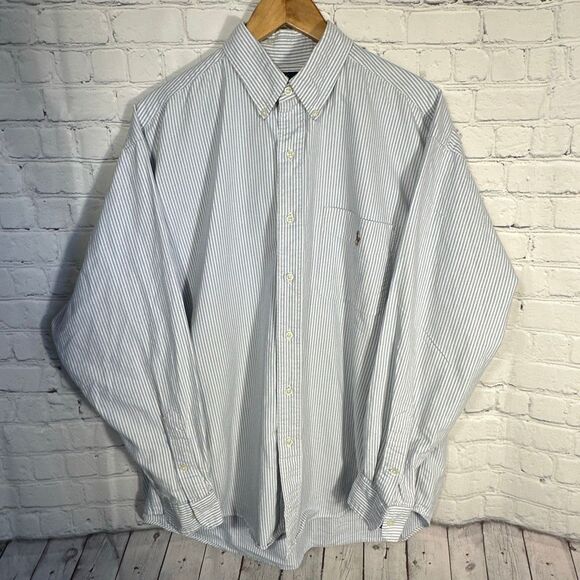 Ralph Lauren Shirt Mens Large Blue White Striped The Big Shirt Color pony Cotton - Picture 1 of 7